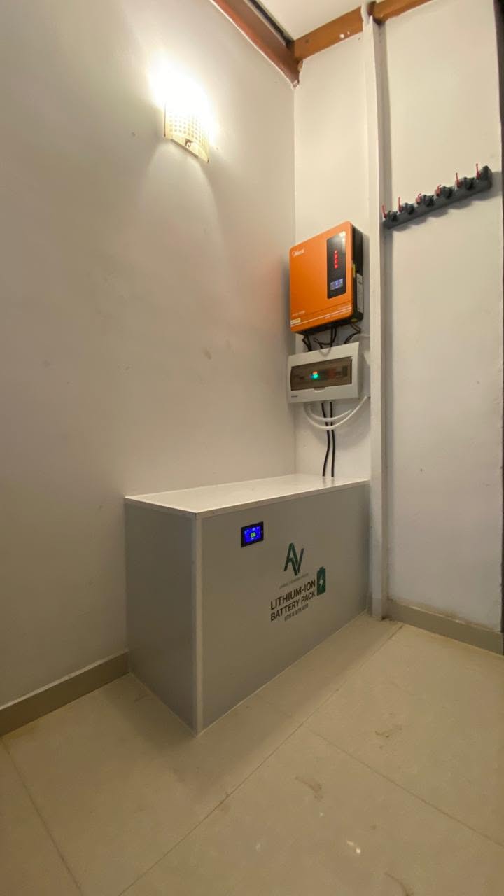 Indoor Avrio lithium-ion battery backup system with inverter and protection devices