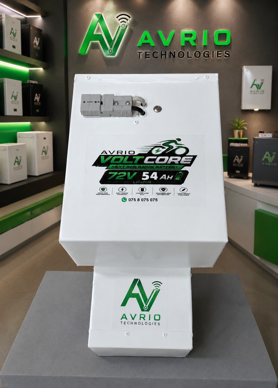 Avrio Volt Core 72V 54Ah LiFePO4 next gen e-bike battery pack in Avrio showroom